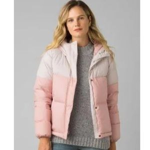 prAna Hellebore Down Puffer Winter Jacket In Pebble Grey Colorblock L
